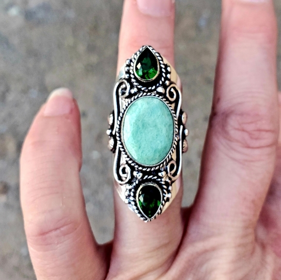 New Huge Chrysoprase and Peridot 925 Silver Statement Ring. - Picture 6 of 16
